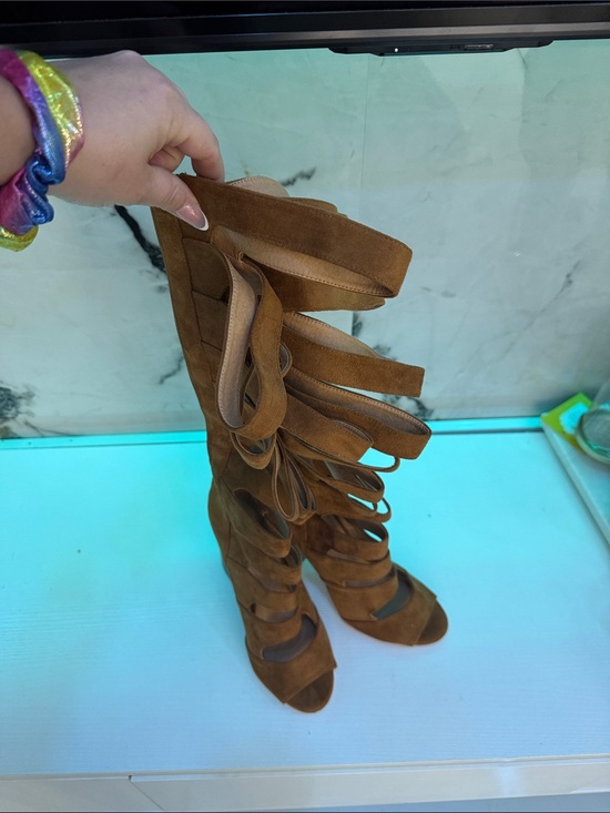 Olivia Miller Shoes - Women's Tan Suede Gladiator Knee-High Heels
